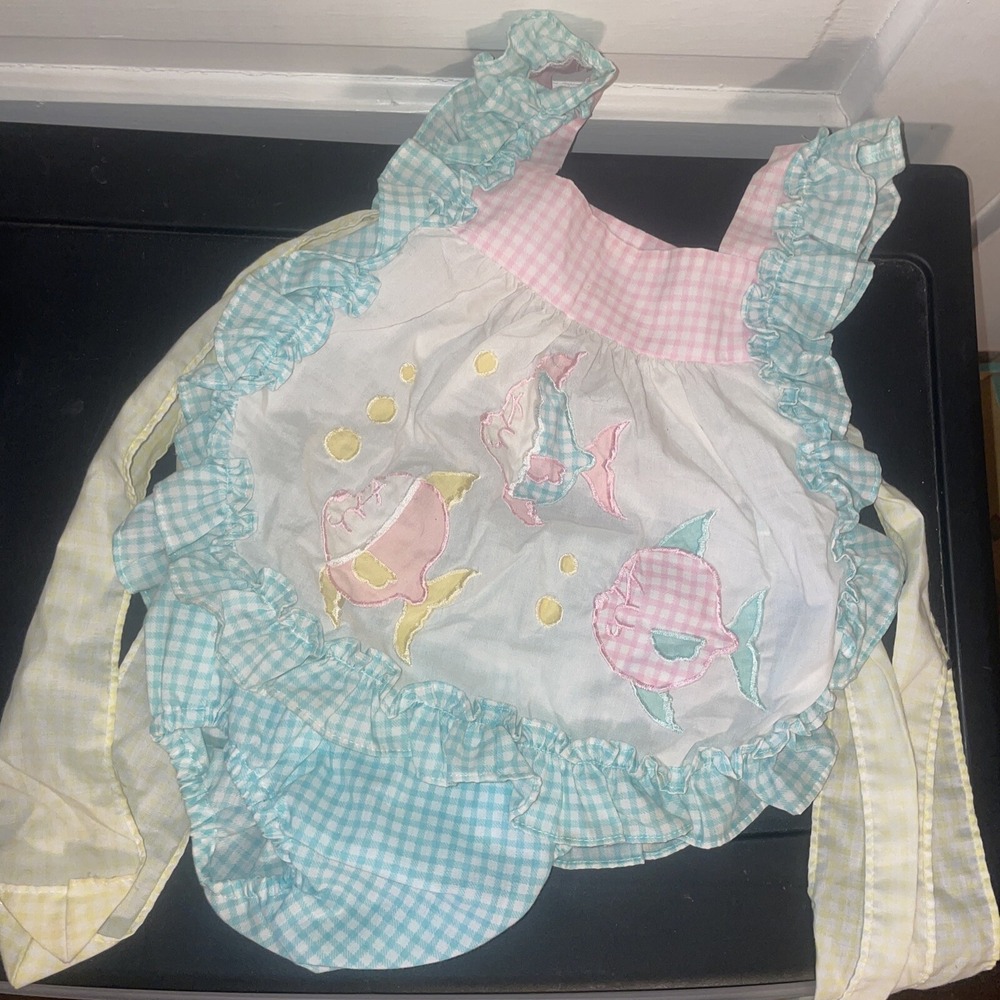 Vintage Two Piece Summer Girls Outfit Fish Gingham Ties Toddler Size 12-24Months